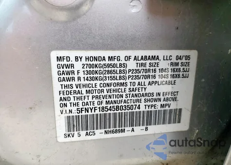 2005 Honda Pilot Exl z USA, uszkodzony, nr VIN 5FNYF18545B035074